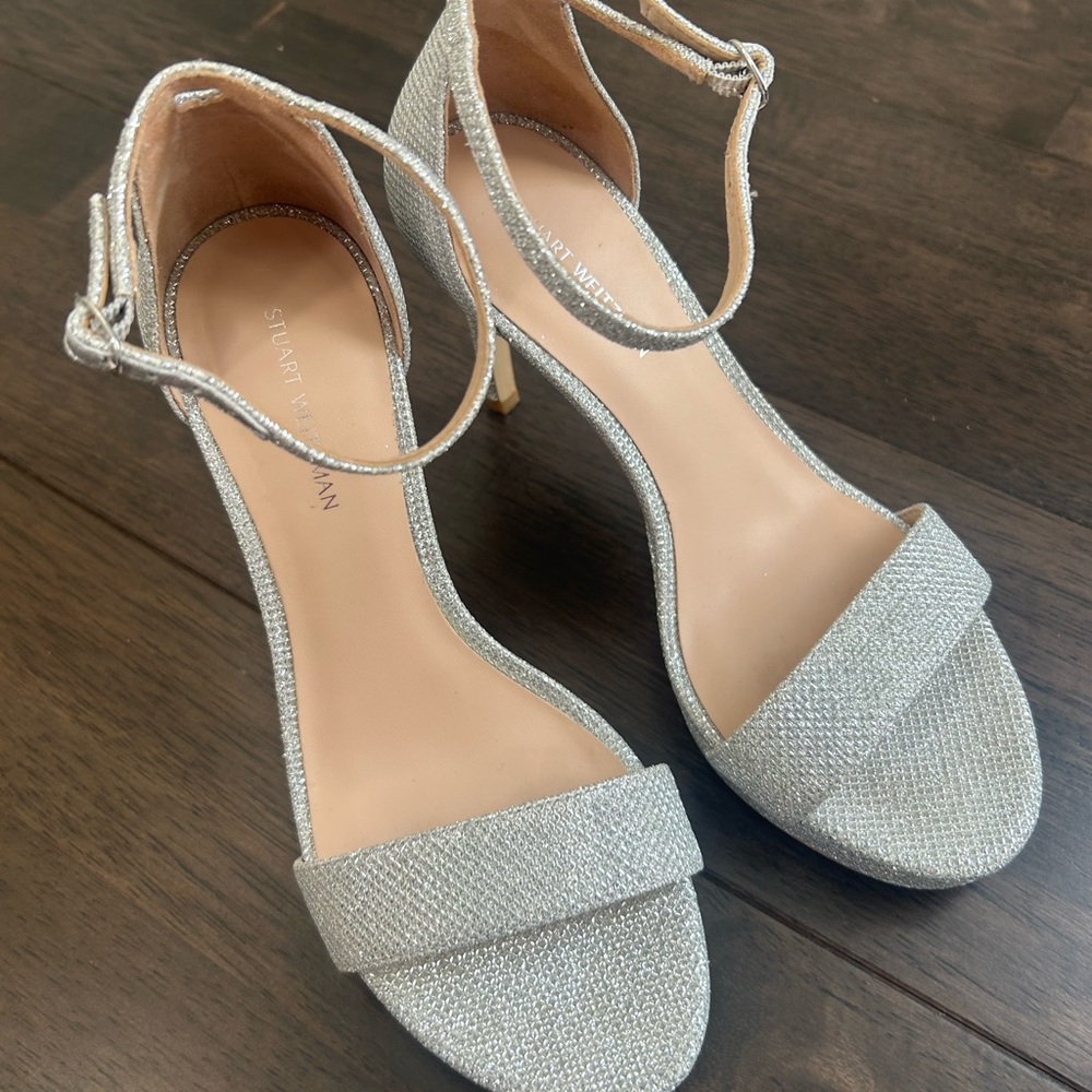 Stuart Weitzman Platform Silver Glitter Sandals Shoes  6.5